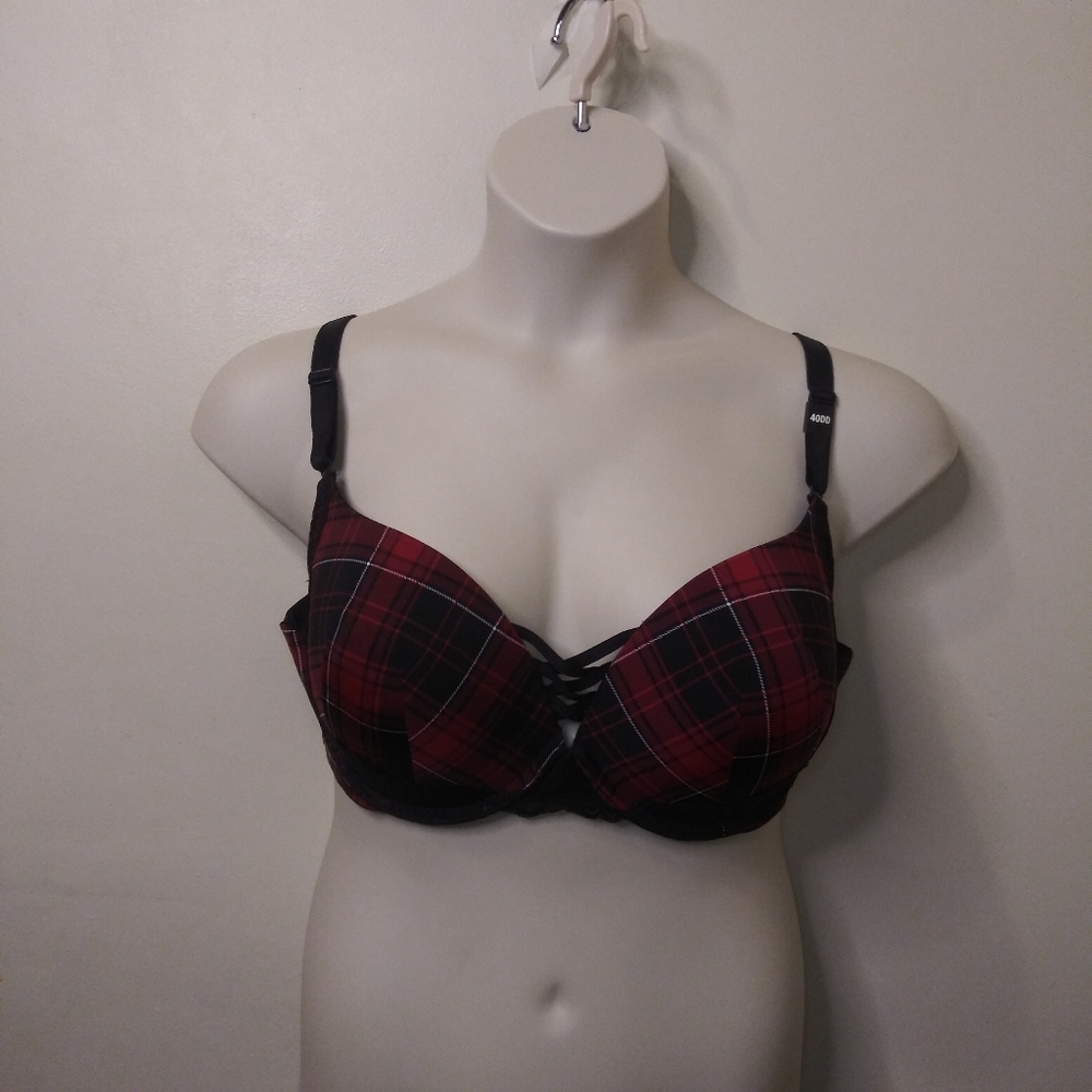 Torrid Curve Goth/Punk Red Black Plaid Lace Trimmed Push-Up Plunge Bra Size 40DD